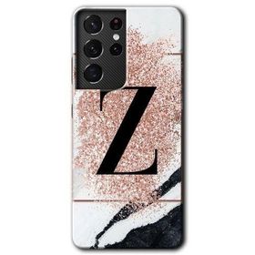 Samsung Galaxy S21 Ultra Pembe Mermer Desenli Z Harfi Baskılı Uyumlu Silikon Kılıf