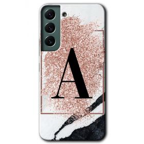 Samsung Galaxy S22 Pembe Mermer Desenli A Harfi Baskılı Uyumlu Silikon Kılıf