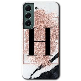 Samsung Galaxy S22 Pembe Mermer Desenli H Harfi Baskılı Uyumlu Silikon Kılıf