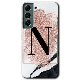 Samsung Galaxy S22 Pembe Mermer Desenli N Harfi Baskılı Uyumlu Silikon Kılıf