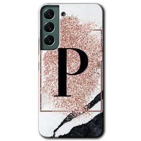 Samsung Galaxy S22 Pembe Mermer Desenli P Harfi Baskılı Uyumlu Silikon Kılıf
