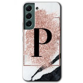 Samsung Galaxy S22 Pembe Mermer Desenli P Harfi Baskılı Uyumlu Silikon Kılıf
