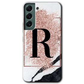 Samsung Galaxy S22 Pembe Mermer Desenli R Harfi Baskılı Uyumlu Silikon Kılıf