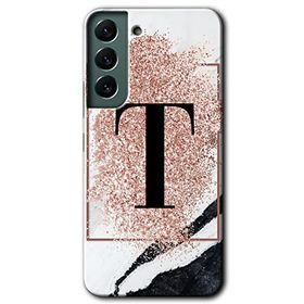 Samsung Galaxy S22 Pembe Mermer Desenli T Harfi Baskılı Uyumlu Silikon Kılıf