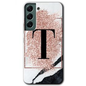 Samsung Galaxy S22 Pembe Mermer Desenli T Harfi Baskılı Uyumlu Silikon Kılıf