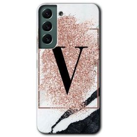 Samsung Galaxy S22 Pembe Mermer Desenli V Harfi Baskılı Uyumlu Silikon Kılıf
