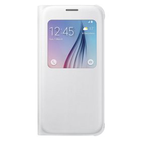 Samsung Leather-Effect S-View Case Cover Suni Deri Galaxy S6 İçin Beyaz Folyo Koruyucu Kılıf