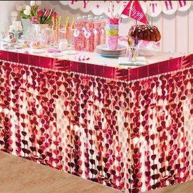 Samur 75x360 cm Püsküllü Işıltılı Metalize Kırmızı Kalpli Masa Eteği