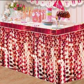Samur 75x360 cm Püsküllü Işıltılı Metalize Kırmızı Kalpli Masa Eteği