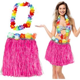 Samur Hawaii Luau Aloha Pembe Püsküllü 40 cm Etek ve Hawaii Kolye Seti