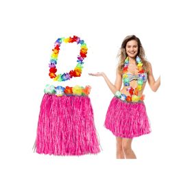 Samur Hawaii Luau Aloha Pembe Püsküllü 40 cm Etek ve Hawaii Kolye Seti