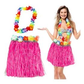 Samur Hawaii Luau Aloha Pembe Püsküllü 40 cm Etek ve Hawaii Kolye Seti
