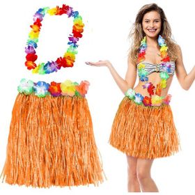 Samur Hawaii Luau Aloha Turuncu Püsküllü 40 cm Etek ve Hawaii Kolye Seti