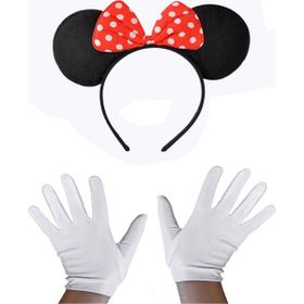 Samur Kırmızı Fiyonklu Minnie Mouse Tacı ve Beyaz Eldiven Seti