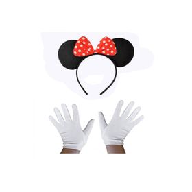 Samur Kırmızı Fiyonklu Minnie Mouse Tacı ve Beyaz Eldiven Seti