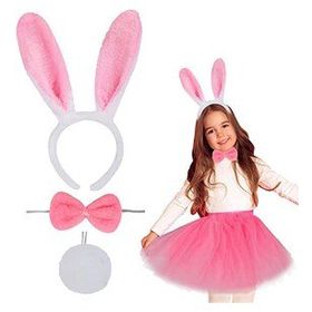 Samur Pembe Renk Çocuk Boy Tavşan Tacı Eteği Papyonu ve Kuyruk Kostüm Seti