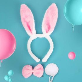 Samur Pembe Renk Taç Papyon Kuyruk Tavşan Kostüm Seti