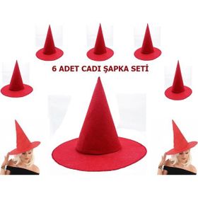 Samur Yetişkin Çocuk Uyumlu 6 Adet Kırmızı Renk Keçe Cadı Şapkası