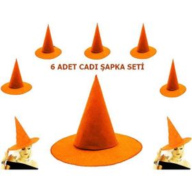 Samur Yetişkin Çocuk Uyumlu 6 Adet Turuncu Renk Keçe Cadı Şapkası