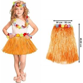 Samur Yetişkin ve Çocuk Uyumlu 40 cm Turuncu Renk Püsküllü Hawaii Luau Hula Etek