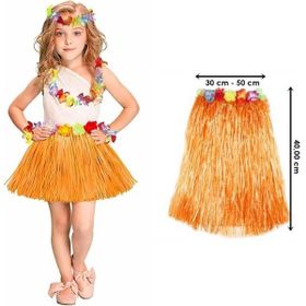 Samur Yetişkin ve Çocuk Uyumlu 40 cm Turuncu Renk Püsküllü Hawaii Luau Hula Etek