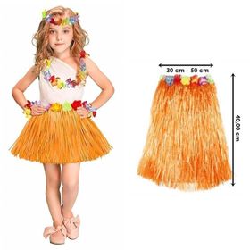 Samur Yetişkin ve Çocuk Uyumlu 40 cm Turuncu Renk Püsküllü Hawaii Luau Hula Etek