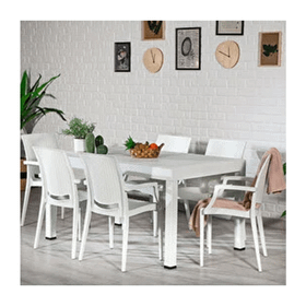 Sandalie Rattan Kollu 90x150 cm Beyaz Bahçe Masa Set