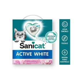 Sanicat Active White Oksijen Kontrollü Koku Emici Lotus Çiçeği Kokulu Ultra Topaklanan 10 lt Kedi Kumu