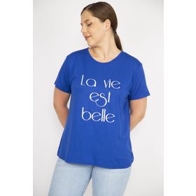 Şans 65N36589 Saks Büyük Beden Lak Baskılı Kadın Bluz