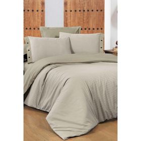 Sarev New Fancy Stripe Bej King Size Battal Boy %100 Pamuk Nevresim Takımı