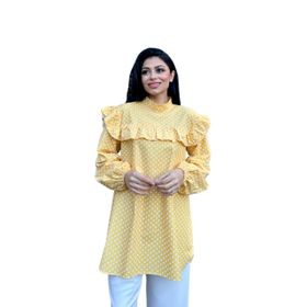 Sarı Puantiyeli Omuzdan Fırfırlı Poplin Tunik
