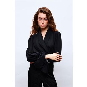 Sateen 1133-1065 Siyah Şal Yaka Korsajlı Kadın Bluz