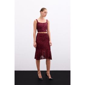 Sateen 20KET139K302 Bordo Volanlı Pul Payetli Kadın Etek