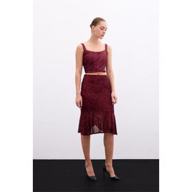 Sateen 20KET139K302 Bordo Volanlı Pul Payetli Kadın Etek