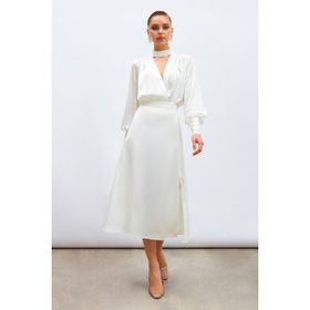 Sateen 9KET443K178 Ekru Yırtmaçlı Saten Kadın Etek