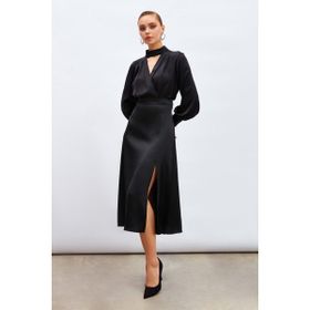 Sateen 9KET443K178 Siyah Yırtmaçlı Saten Kadın Etek