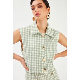 Sateen 9YCE740E112 Kazayağı Desenli Yelekli Kadın Ceket