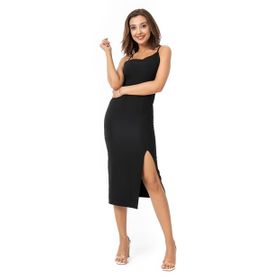 Sateen 9YEL443K137 Siyah Askılı Yırtmaçlı Midi Elbise