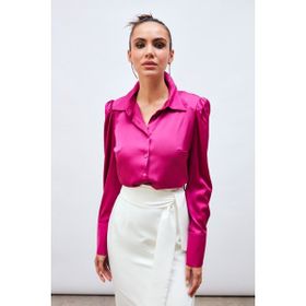 Sateen Kadın Saten Vatkalı Fuşya Kadın Gömlek