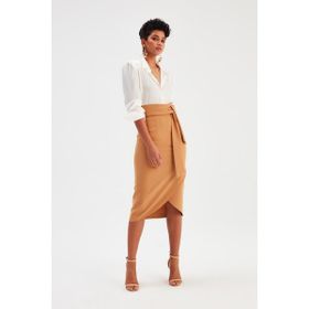 Sateen Kuşaklı Camel Kadın Kalem Etek