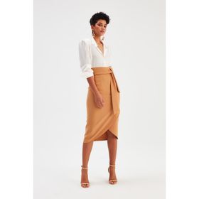 Sateen Kuşaklı Camel Kadın Kalem Etek