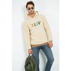Sateen Men 20KSW760E102 Bej Kapşonlu Kanguru Cepli Kürklü Erkek Sweatshirt