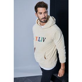 Sateen Men 20KSW760E102 Bej Kapşonlu Kanguru Cepli Kürklü Erkek Sweatshirt