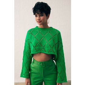 Sateen STN678KTR141 Yeşil Ajurlu Crop Kadın Triko Kazak