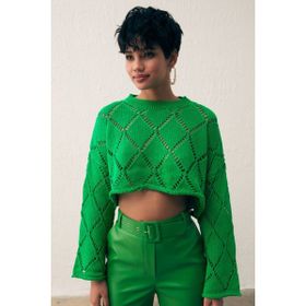 Sateen STN678KTR141 Yeşil Ajurlu Crop Kadın Triko Kazak
