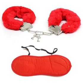 Scarlett Rose 700534 Kadın Siyah İçi Kırmızı Peluşlu 5'li Maske Kırbaç Kol ve Ayak Kelepçe Çapraz Aksesuar Seti