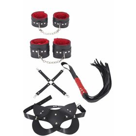Scarlett Rose 700534 Kadın Siyah İçi Kırmızı Peluşlu 5'li Maske Kırbaç Kol ve Ayak Kelepçe Çapraz Aksesuar Seti