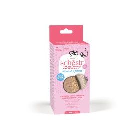 Schesir Parça Tavuklu Somonlu Ciğerli Tahılsız Ezme Yavru 3x55 gr Kedi Konservesi