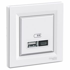 Schneider EPH2700321 2.4A Type A+C Çerçeveli - Asfora Beyaz USB Şarj Prizi