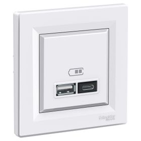 Schneider EPH2700321 2.4A Type A+C Çerçeveli - Asfora Beyaz USB Şarj Prizi